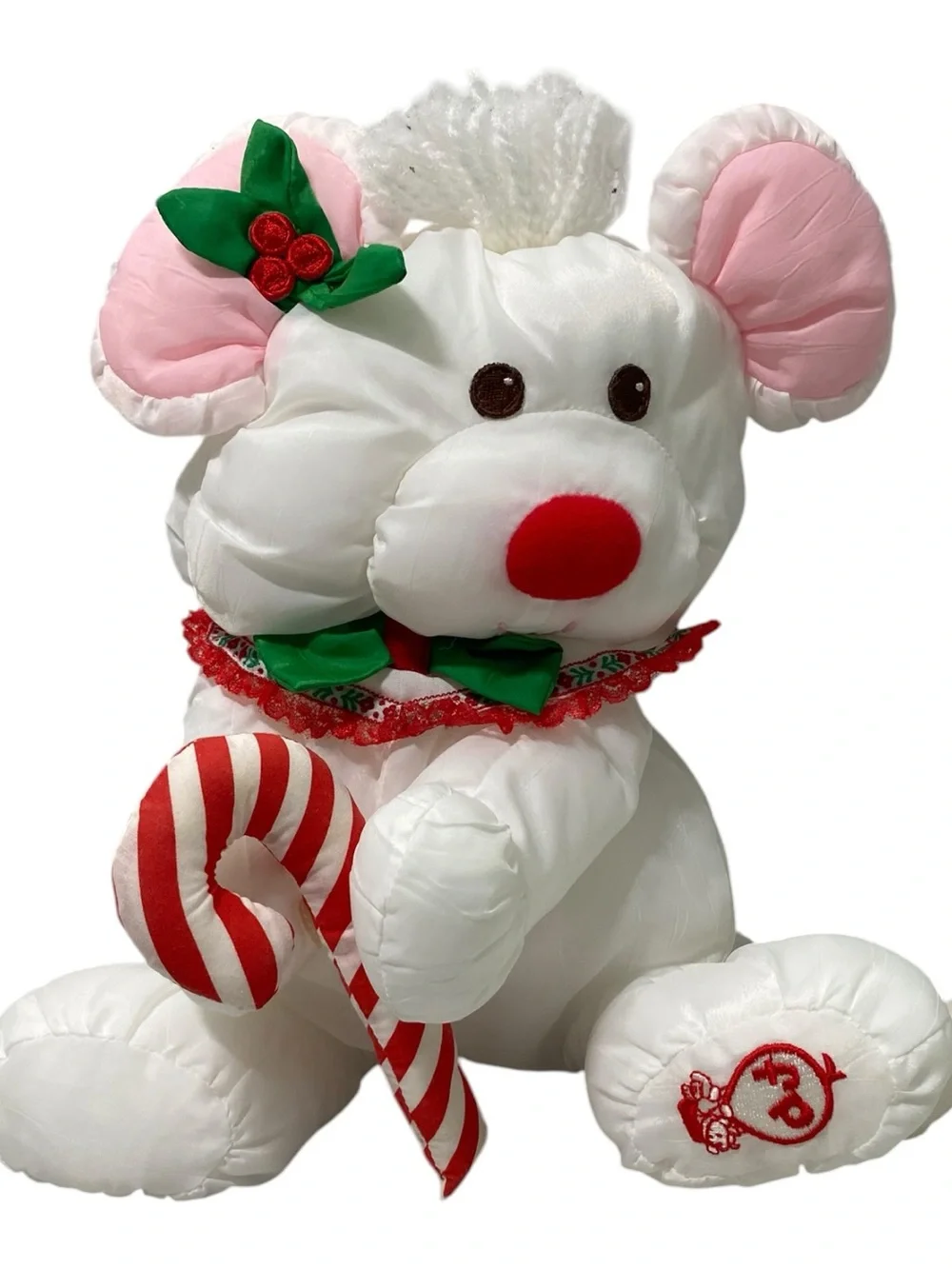 The 1988 Fisher-Price Puffalump White Christmas Mouse Candy Cane Plush 8033 Nylo